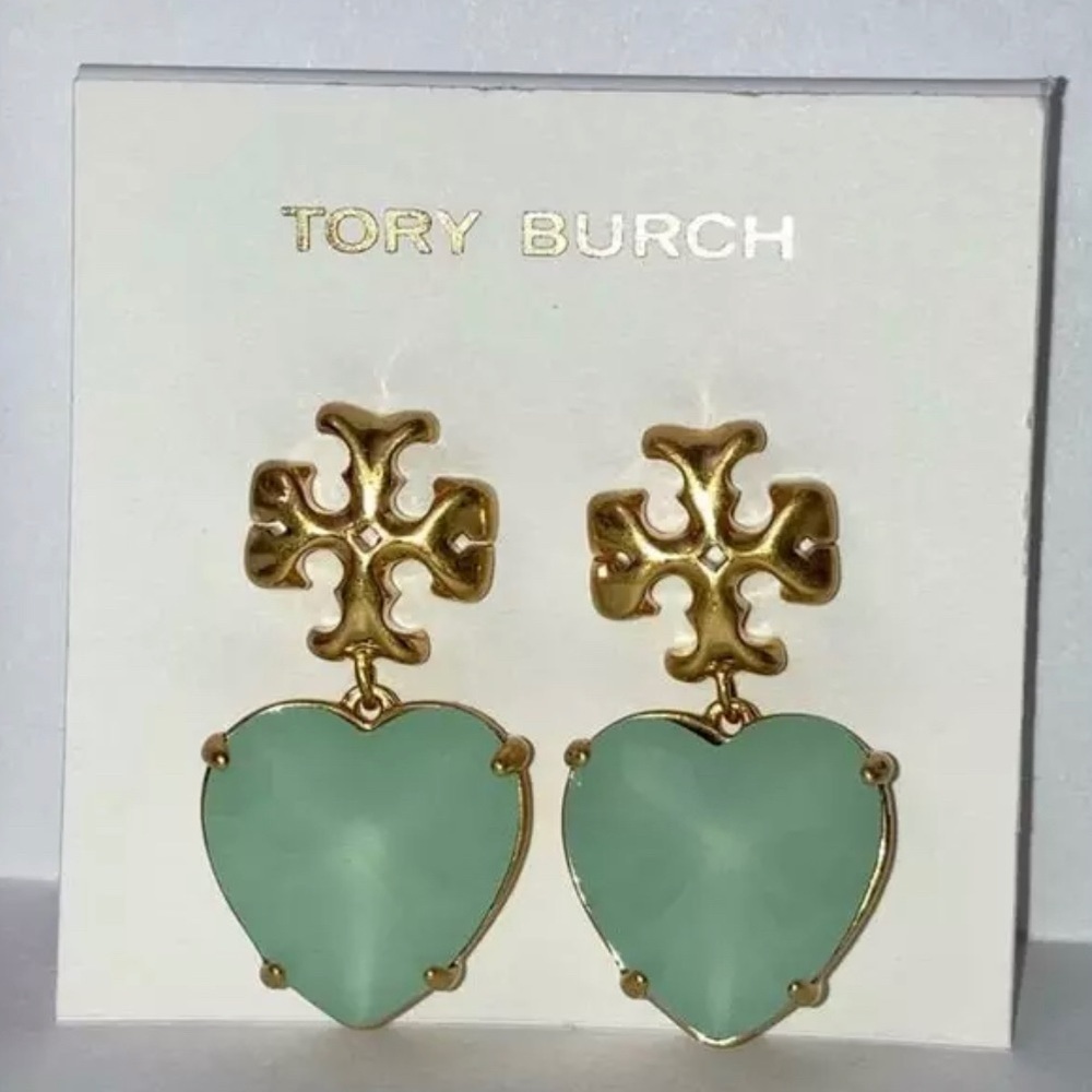 Tory Burch Authentic Roxanne Gold & Crystal Heart Earrings Soft Mint Green NWOT - Picture 6 of 11